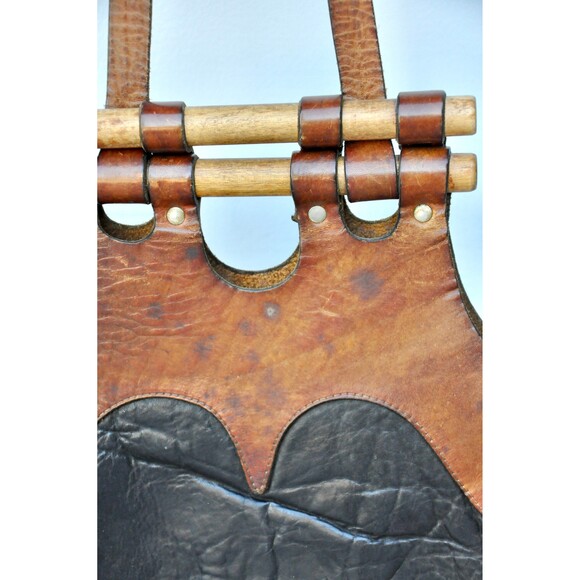70s 2 Tones Brown & Black Leather Shoulder Bag Original Boho Gypsy Woodstock - Picture 9 of 10